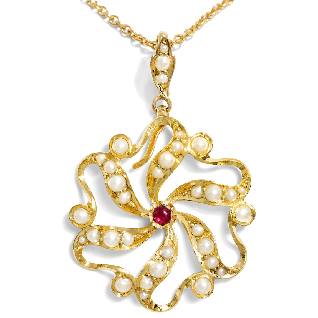 Antique Ruby and Pearl Pendant in Gold, British, c. 1900