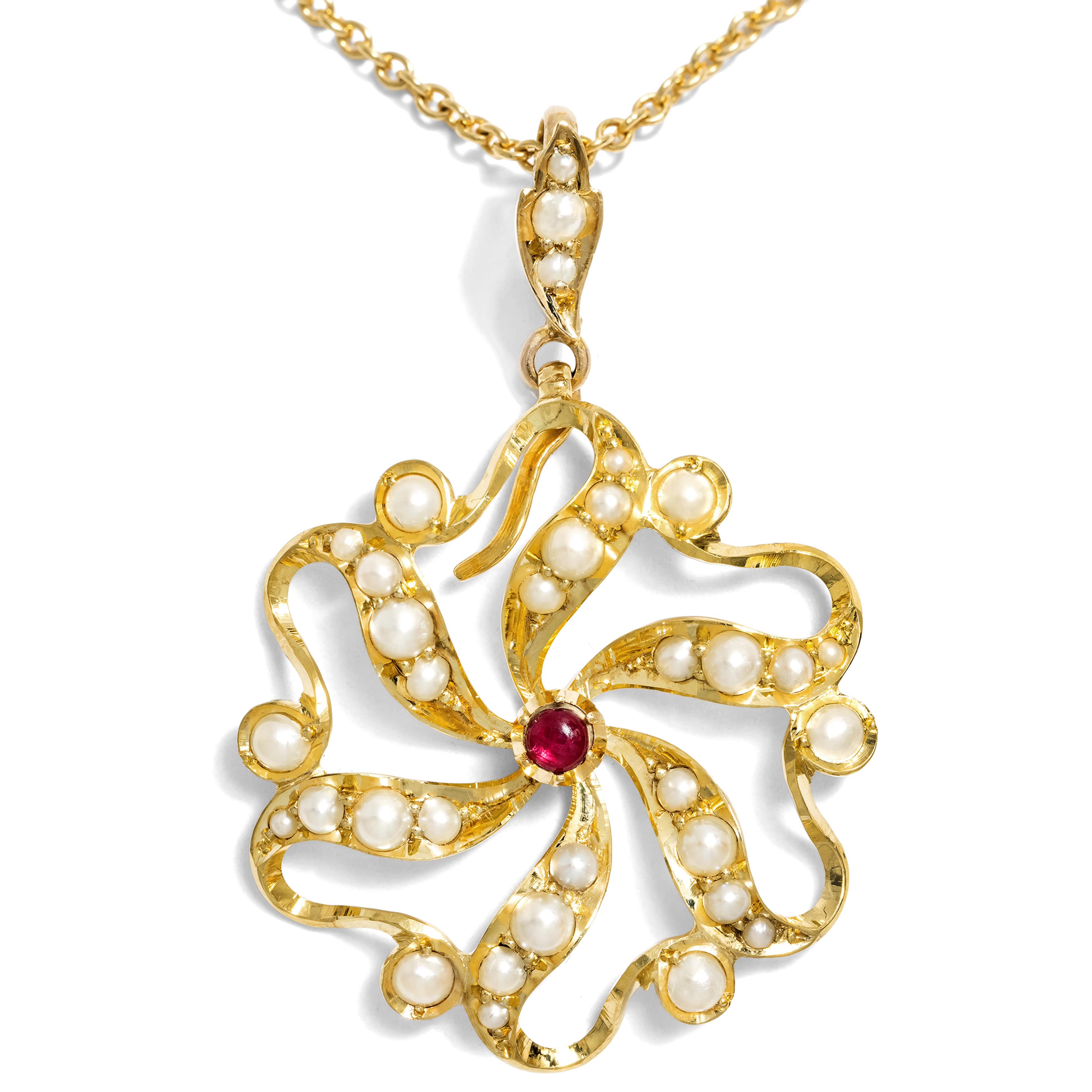 Antique Ruby and Pearl Pendant in Gold, British, c. 1900
