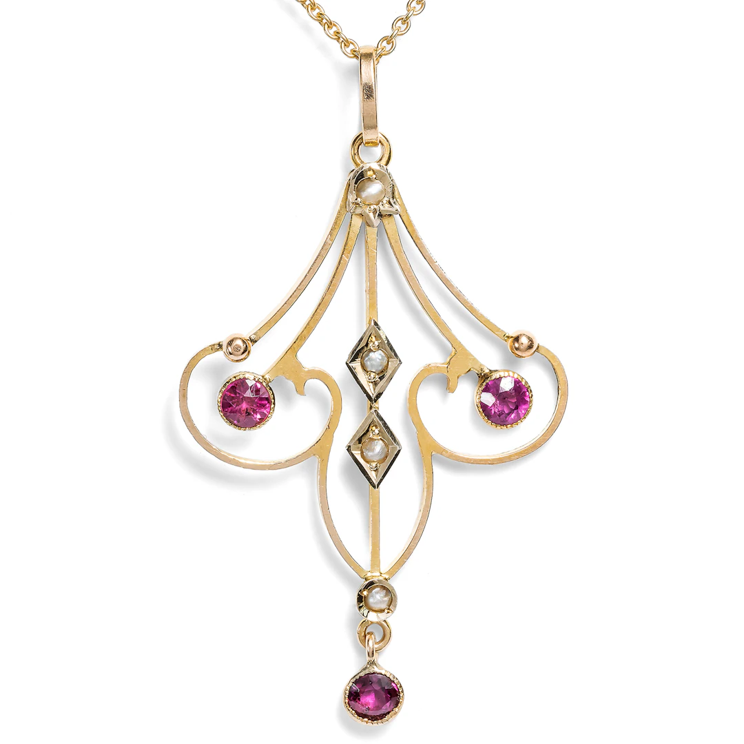 Antique Edwardian Almandine and Pearl Pendant, British, c. 1910