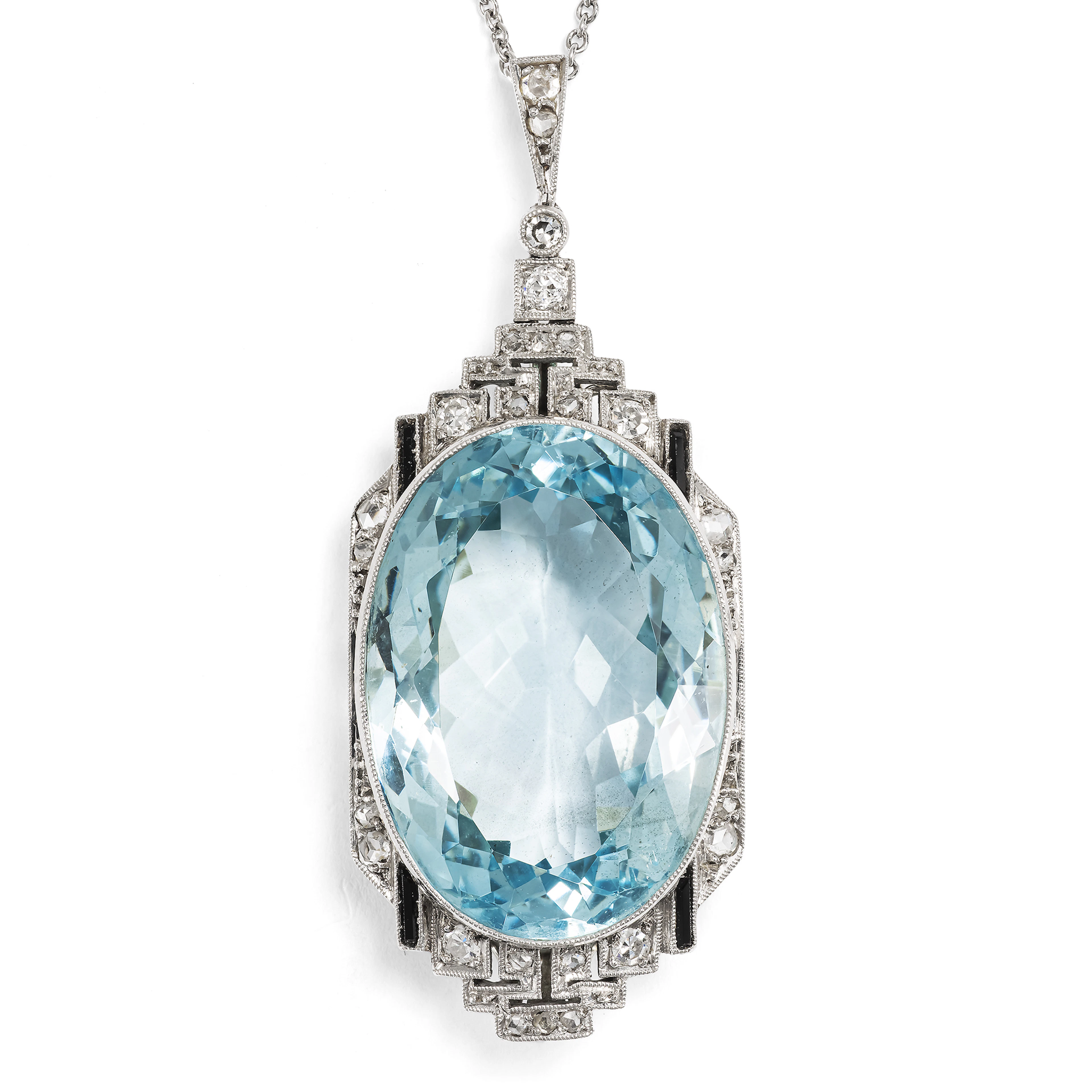 Avant-Garde Pendant with Aquamarine, Diamonds & Onyx in Platinum &