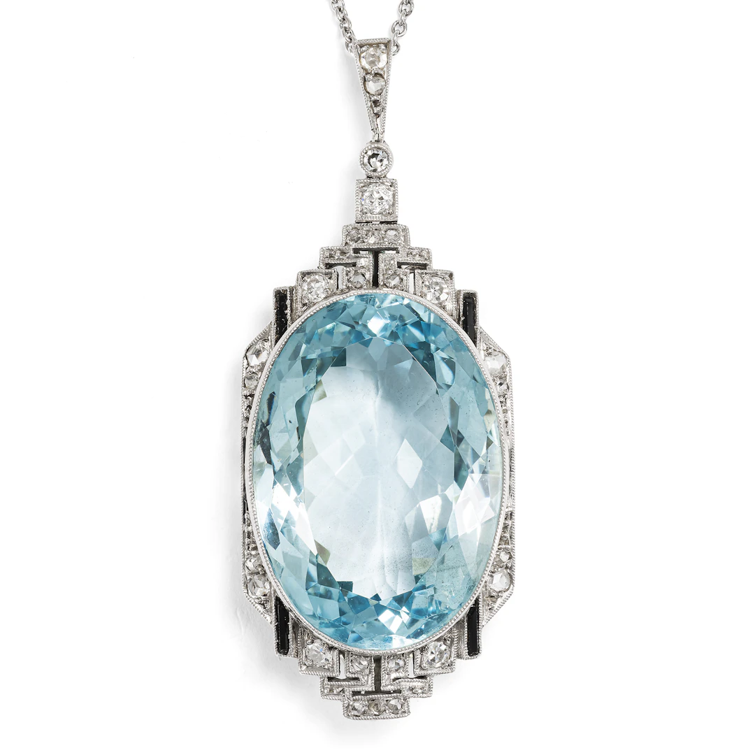 Avant-Garde Pendant with Aquamarine, Diamonds & Onyx in Platinum &