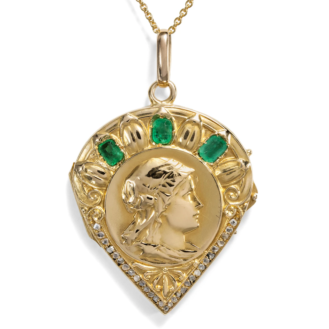 Antique Art Nouveau Photo Locket With Emeralds & Diamonds, c. 1900