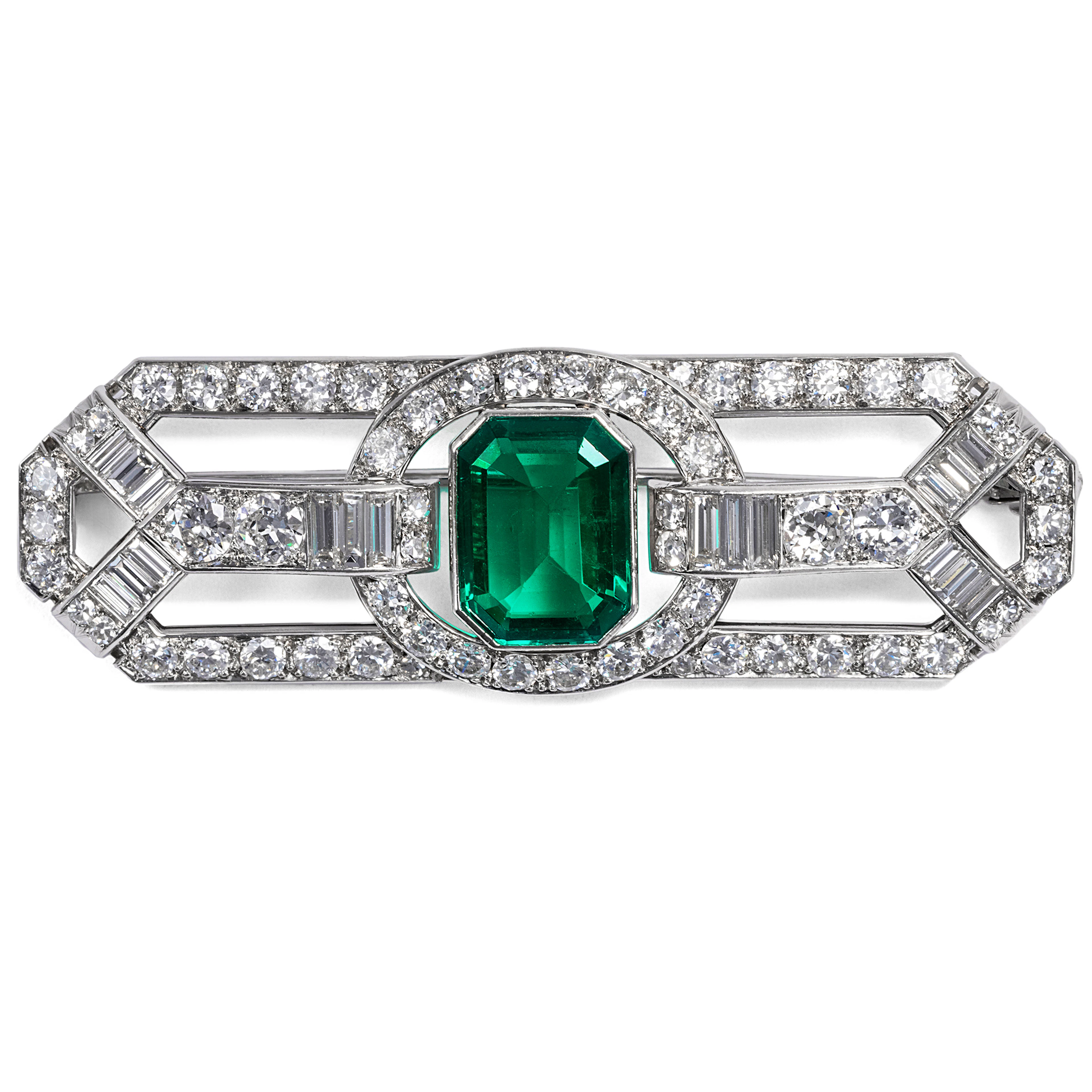 Luxurious Art Deco Brooch With Colombian Emerald & Diamonds in Platinum
