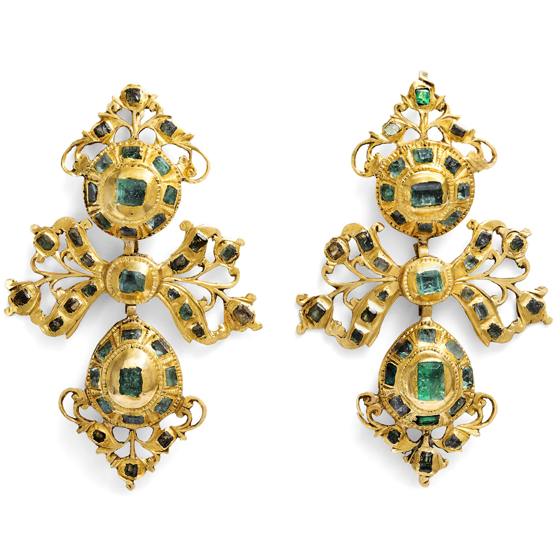 Magnificent Antique "Lazo" Earrings with Emeralds in Gold, Spain, c. 1760