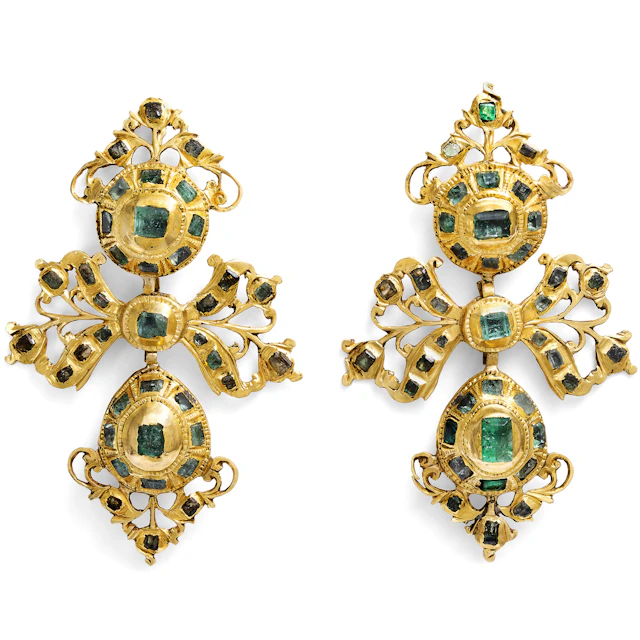 Magnificent Antique "Lazo" Earrings with Emeralds in Gold, Spain, c. 1760