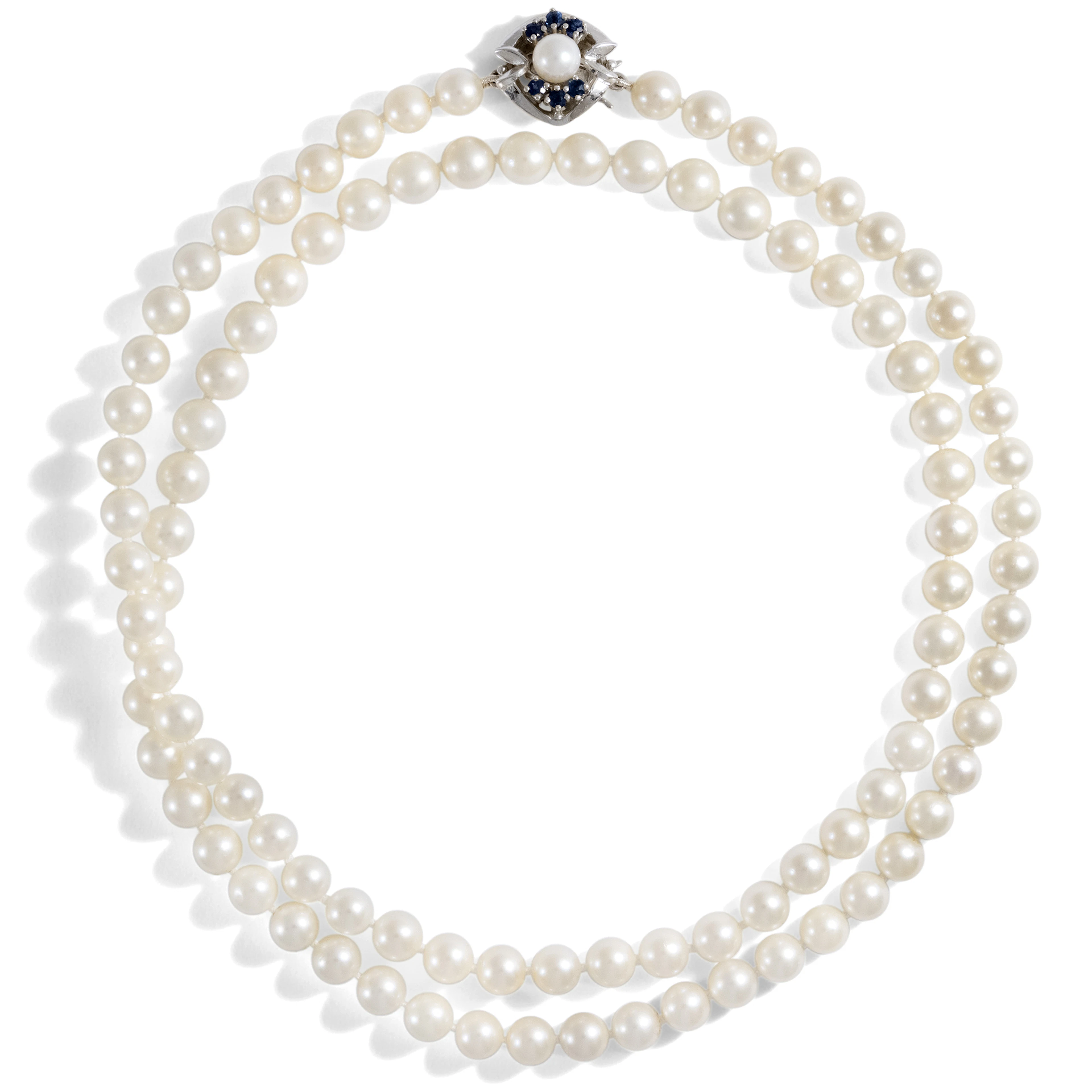 Elegant Opera Length Pearl Necklace With White Gold & Sapphire Clasp, c. 1980