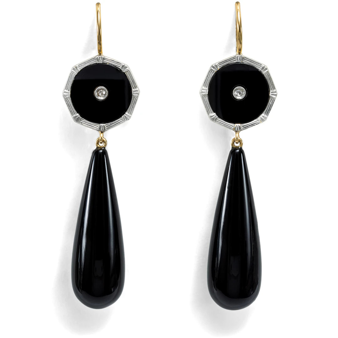 Earrings Made from Antique Shirt Buttons with Diamonds & Onyx, from