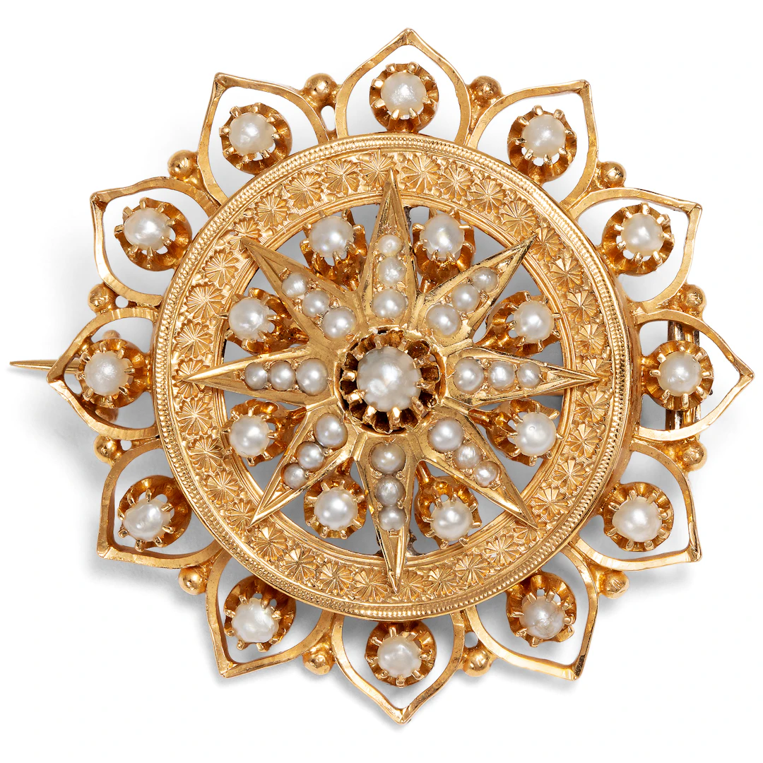 Magnificent Red Gold Brooch with Natural Pearls, c. 1880