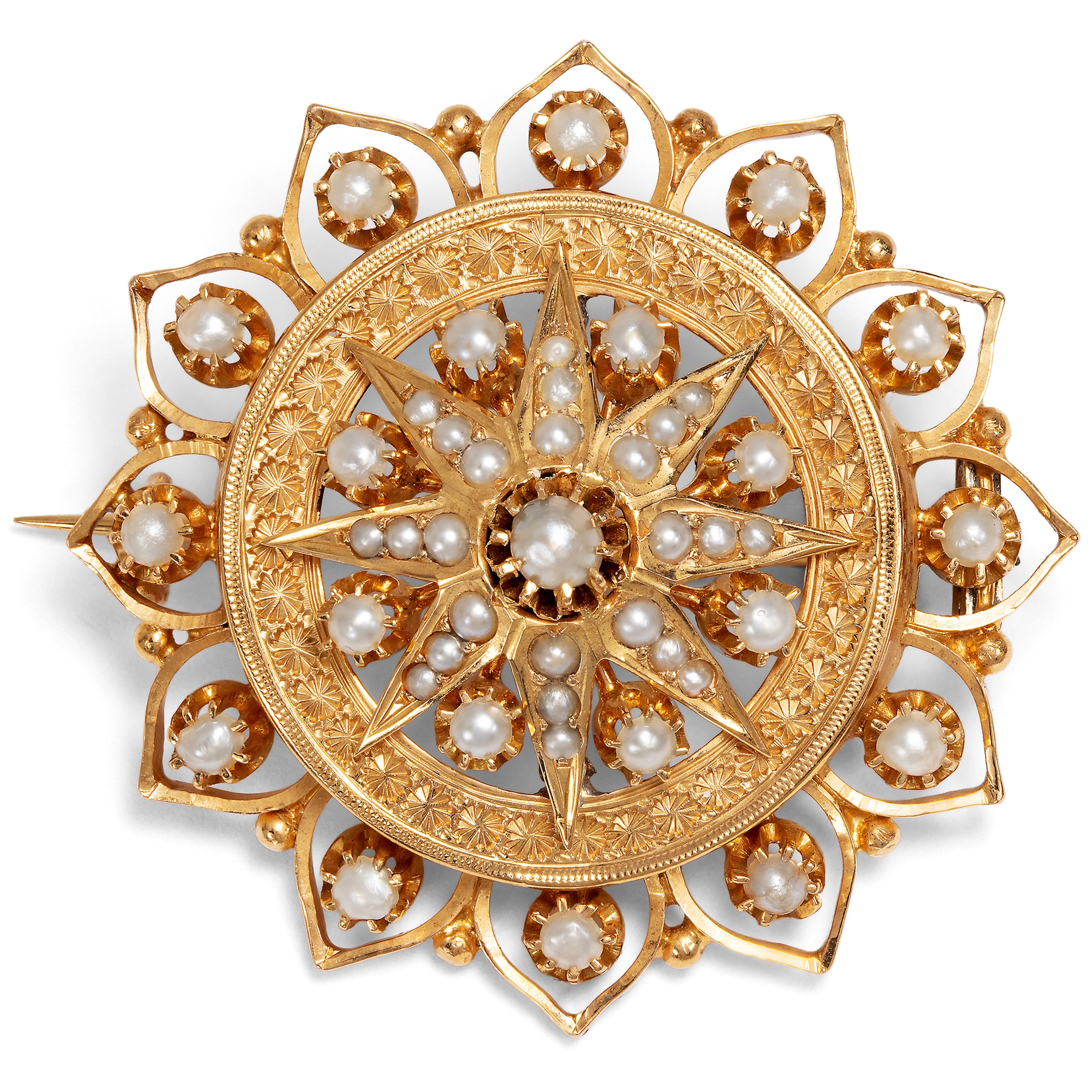 Magnificent Red Gold Brooch with Natural Pearls, c. 1880