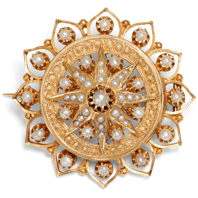 Magnificent Red Gold Brooch with Natural Pearls, c. 1880