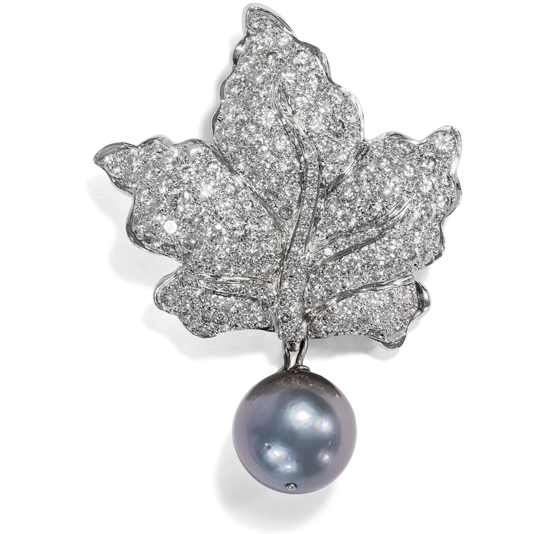Vintage Pendant/Brooch in Shape of Vine Leaf With Diamonds & Pearl, c. 2000