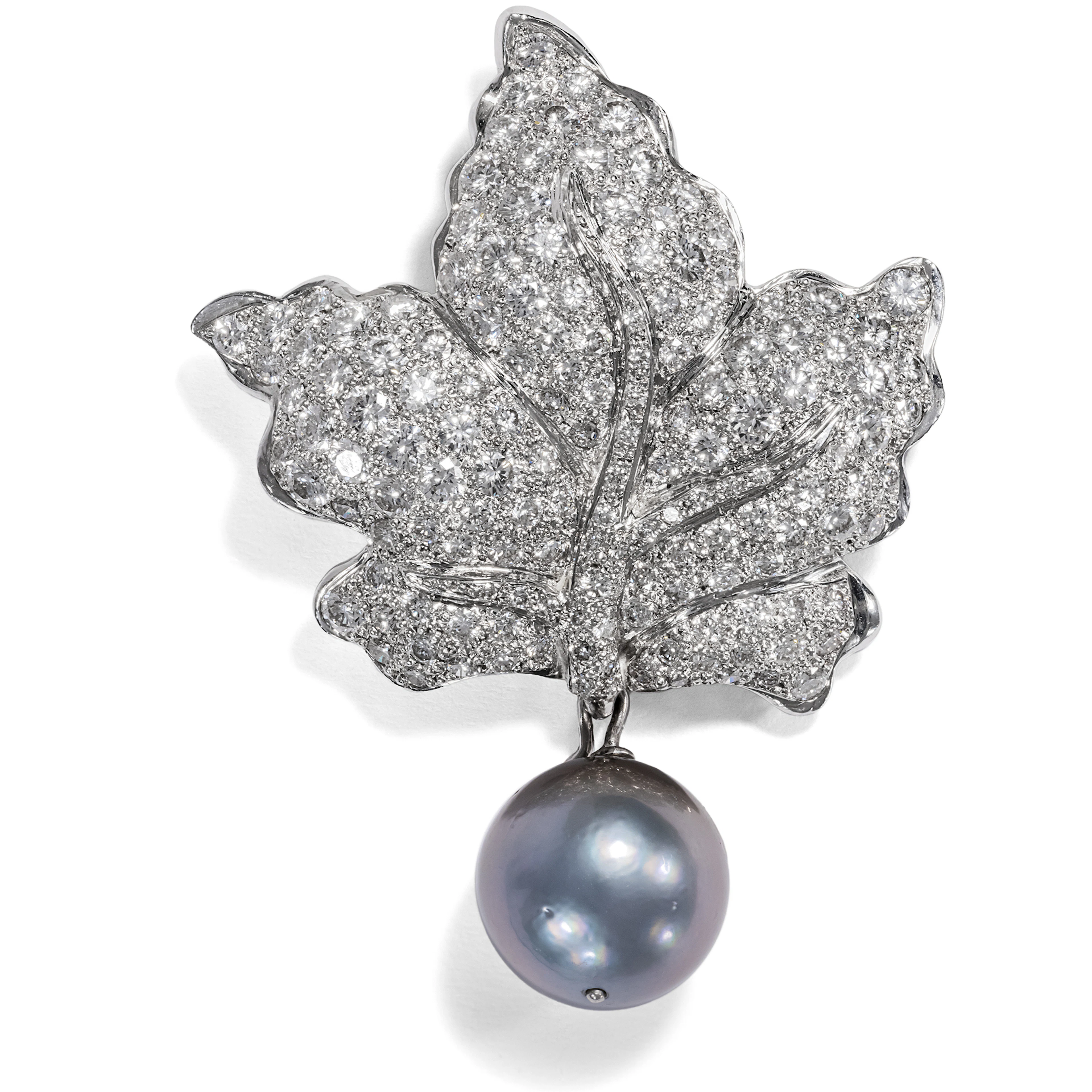 Vintage Pendant/Brooch in Shape of Vine Leaf With Diamonds & Pearl, c. 2000