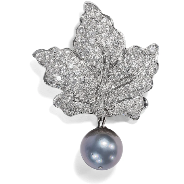 Vintage Pendant/Brooch in Shape of Vine Leaf With Diamonds & Pearl, c. 2000