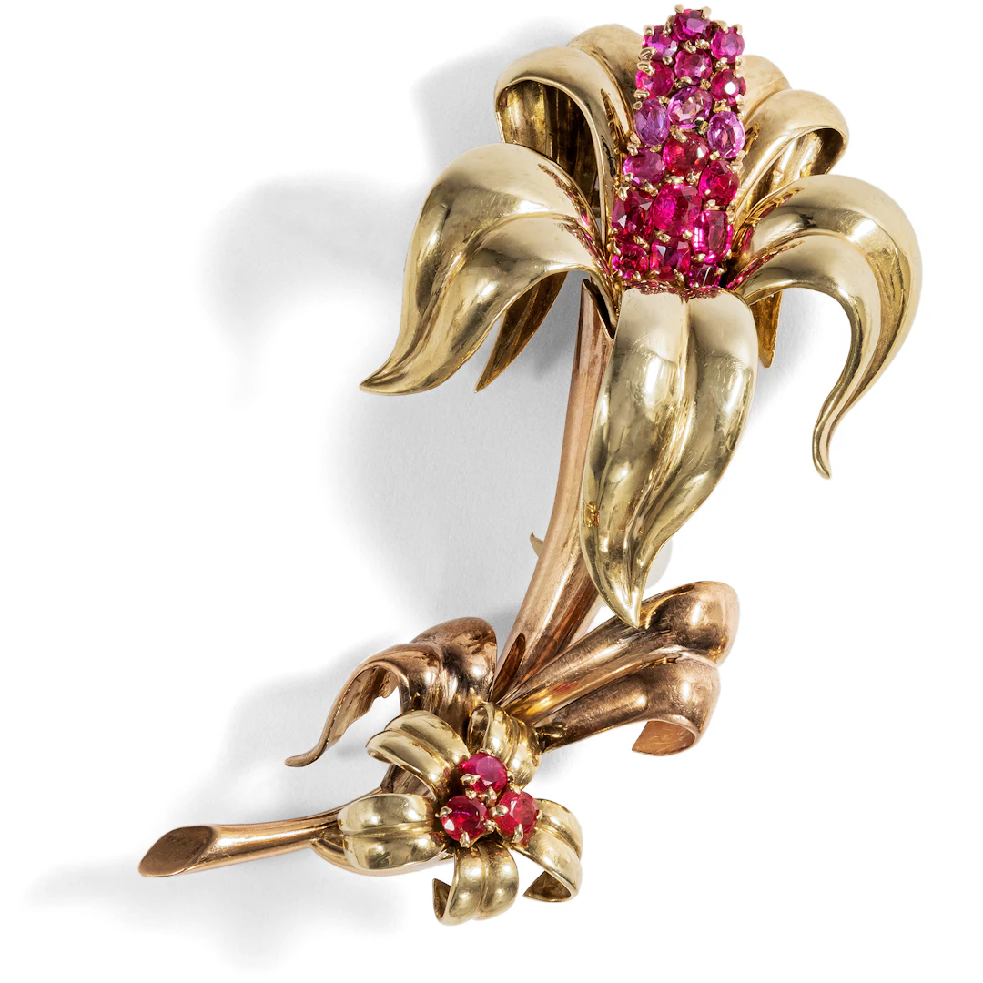 Magnificent Retro Style Gold Brooch with Untreated Burma Rubies, Great