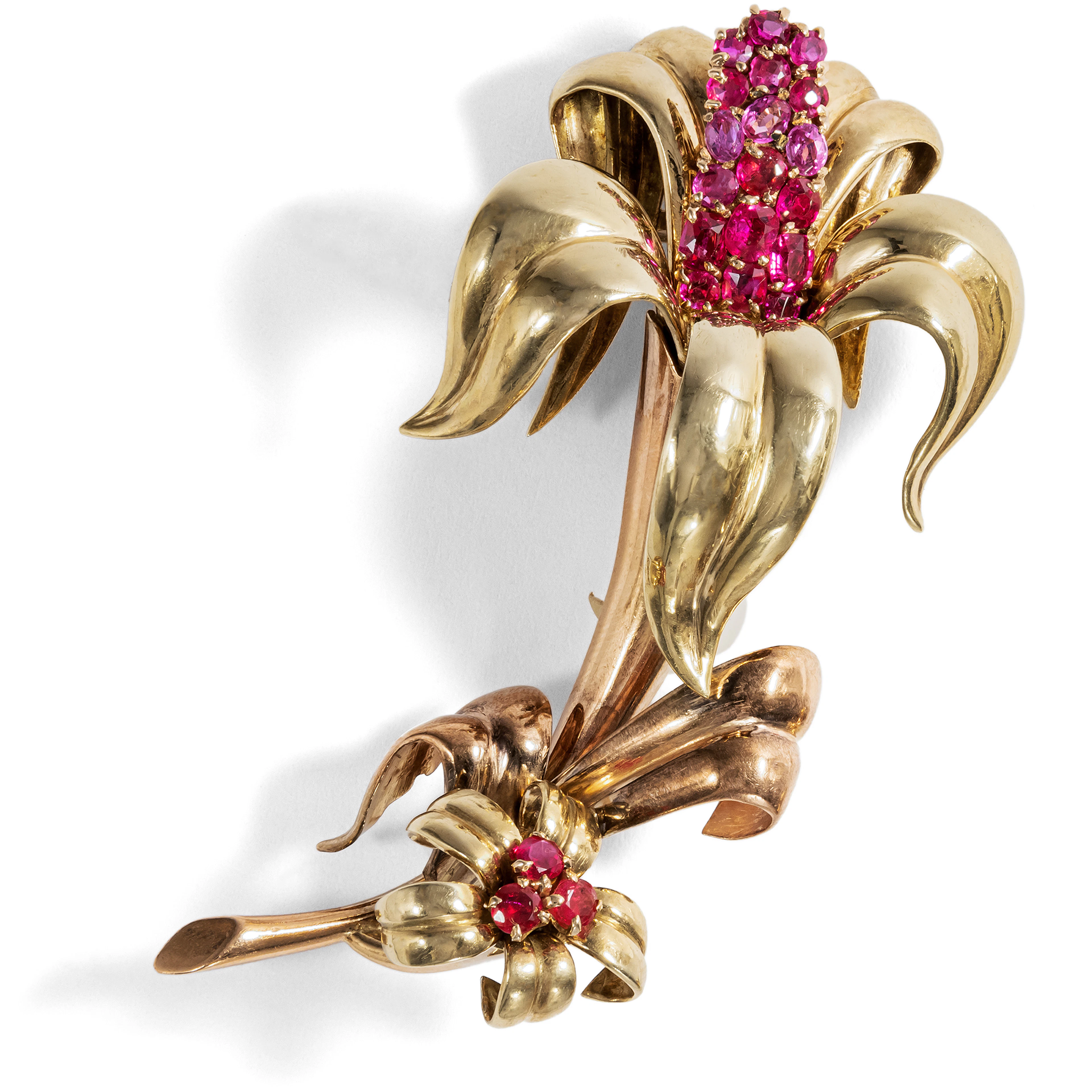 Magnificent Retro Style Gold Brooch with Untreated Burma Rubies, Great