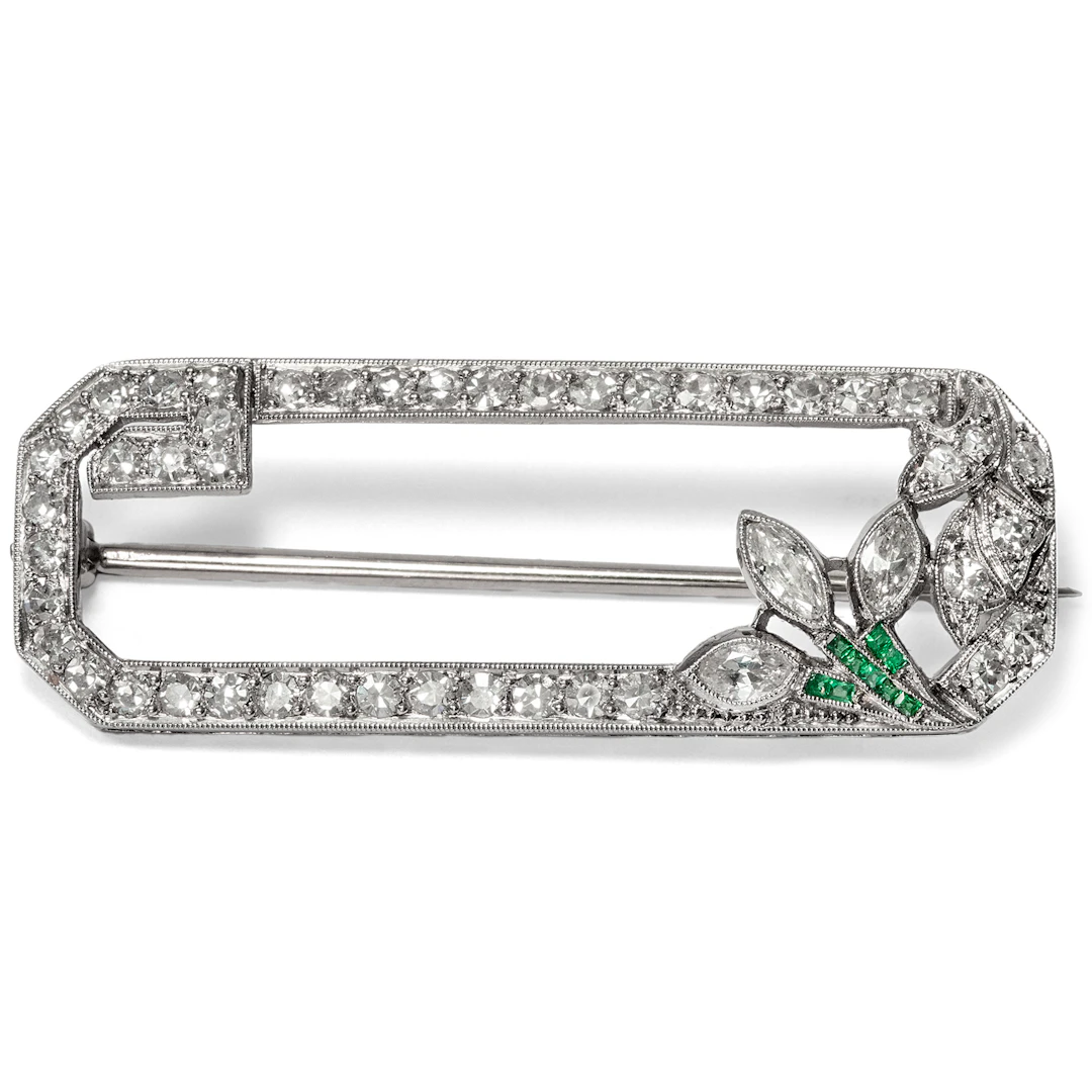 Precious Brooch with 0.70 ct Diamonds & Emeralds, Art Déco ca. 1925