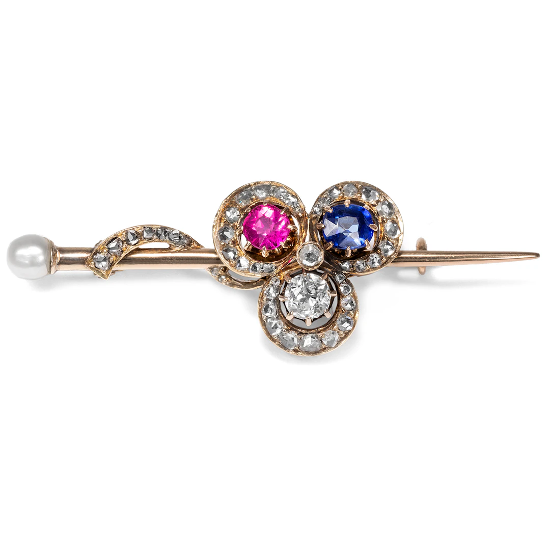 Antique Brooch With Ruby, Sapphire, Pearl & Diamonds, circa 1900