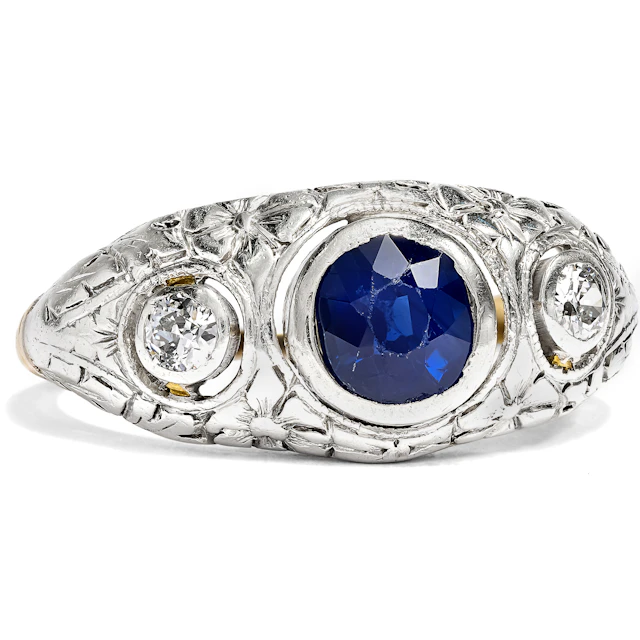 Antique Trilogy Ring with Sapphire & Diamonds in Silver & Gold, c. 1920
