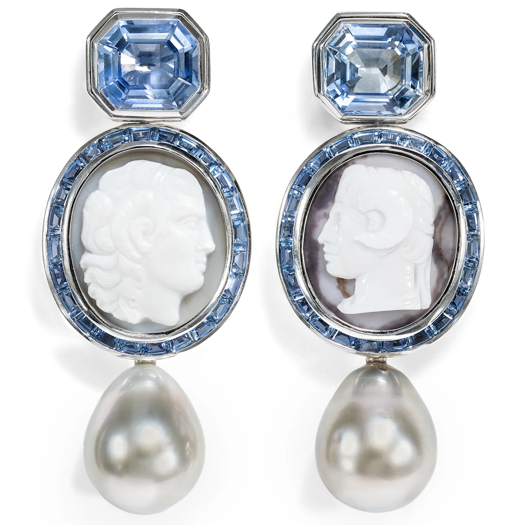 Exquisite Earclips by Hemmerle with Antique Cameos & Sapphires in