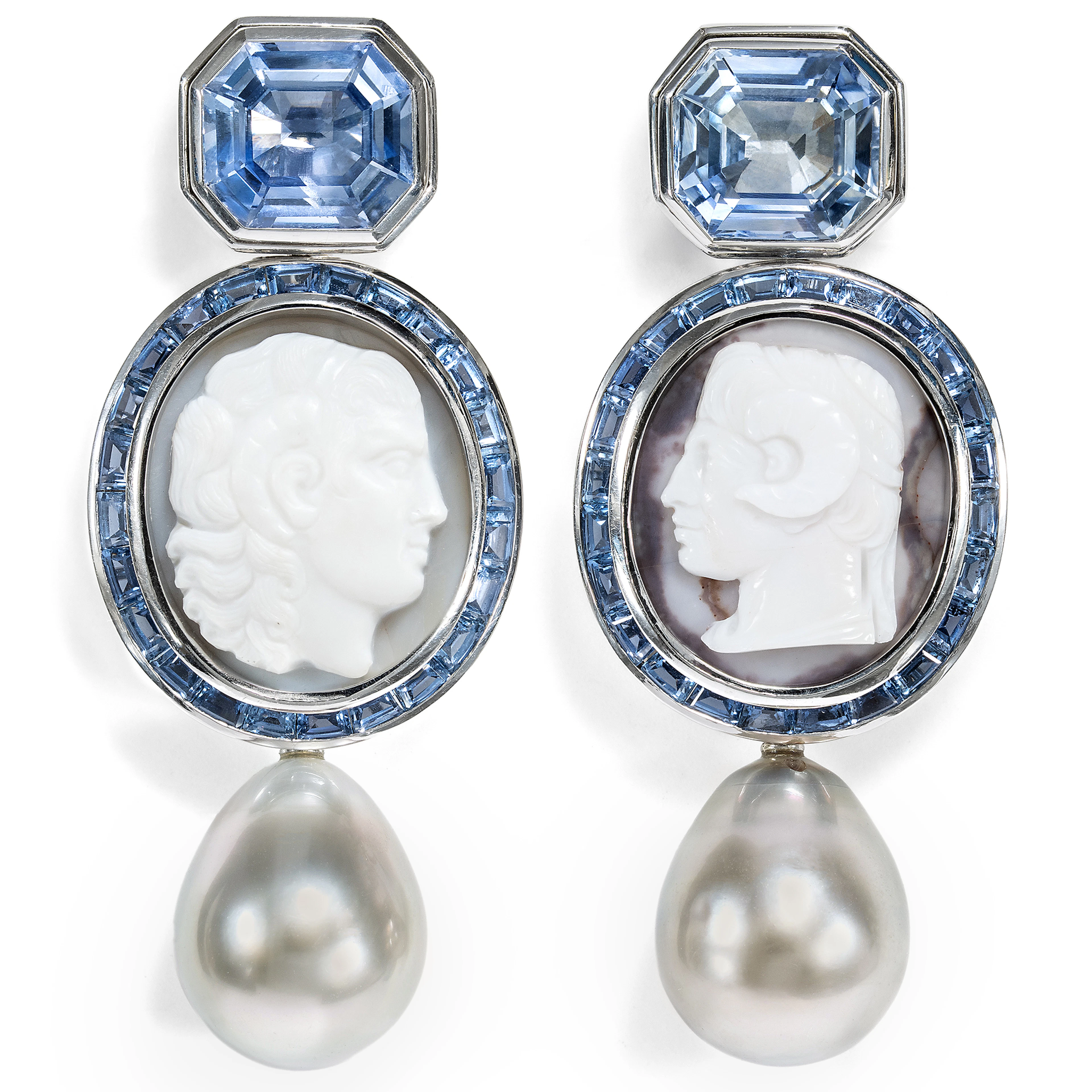 Exquisite Earclips by Hemmerle with Antique Cameos & Sapphires in