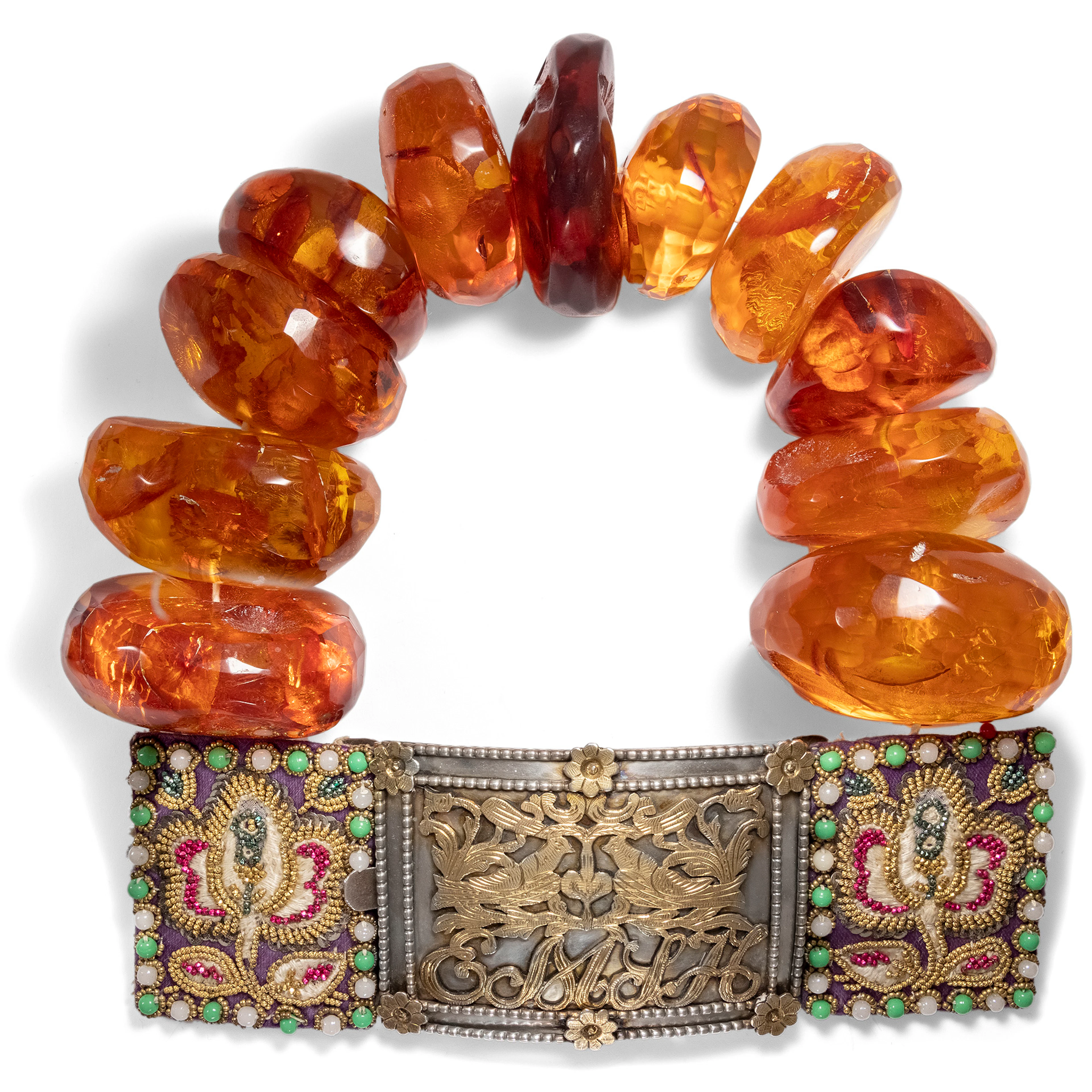 Impressive Traditional Costume Necklace of Faceted Amber With Silver