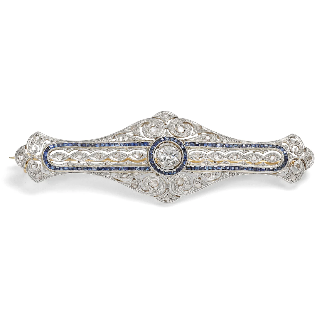 Ornate Déco Brooch with Diamonds and Sapphires, c. 1930