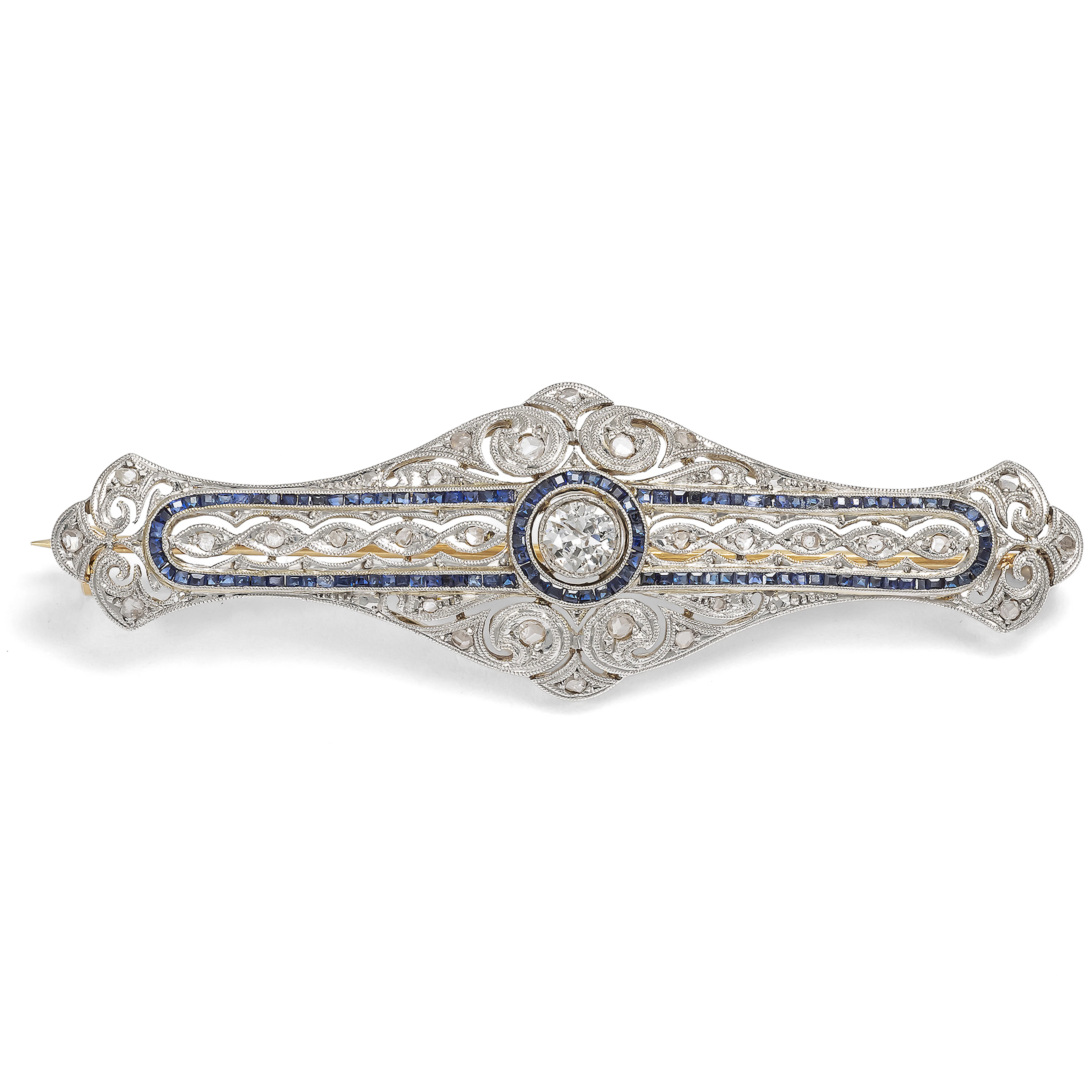 Ornate Déco Brooch with Diamonds and Sapphires, c. 1930