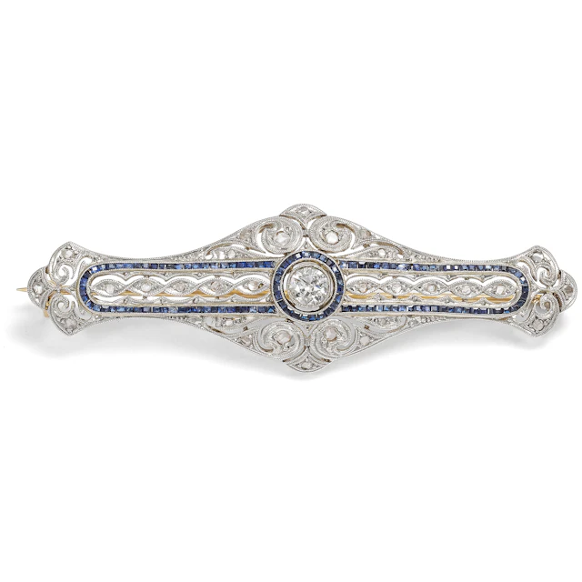 Ornate Déco Brooch with Diamonds and Sapphires, c. 1930