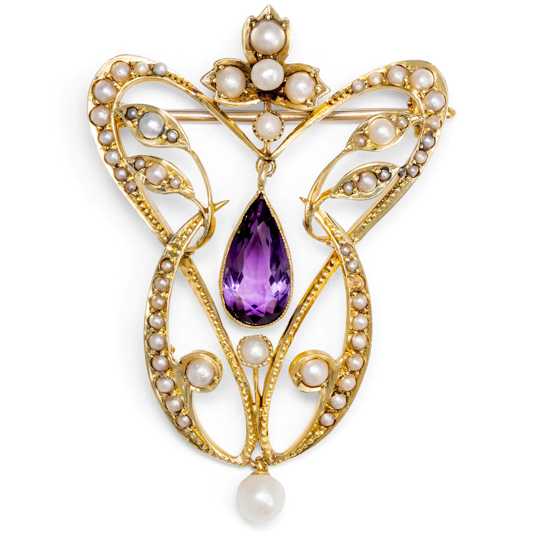 Antique Brooch with Amethyst and Pearls in Gold, Great Britain, c. 1905
