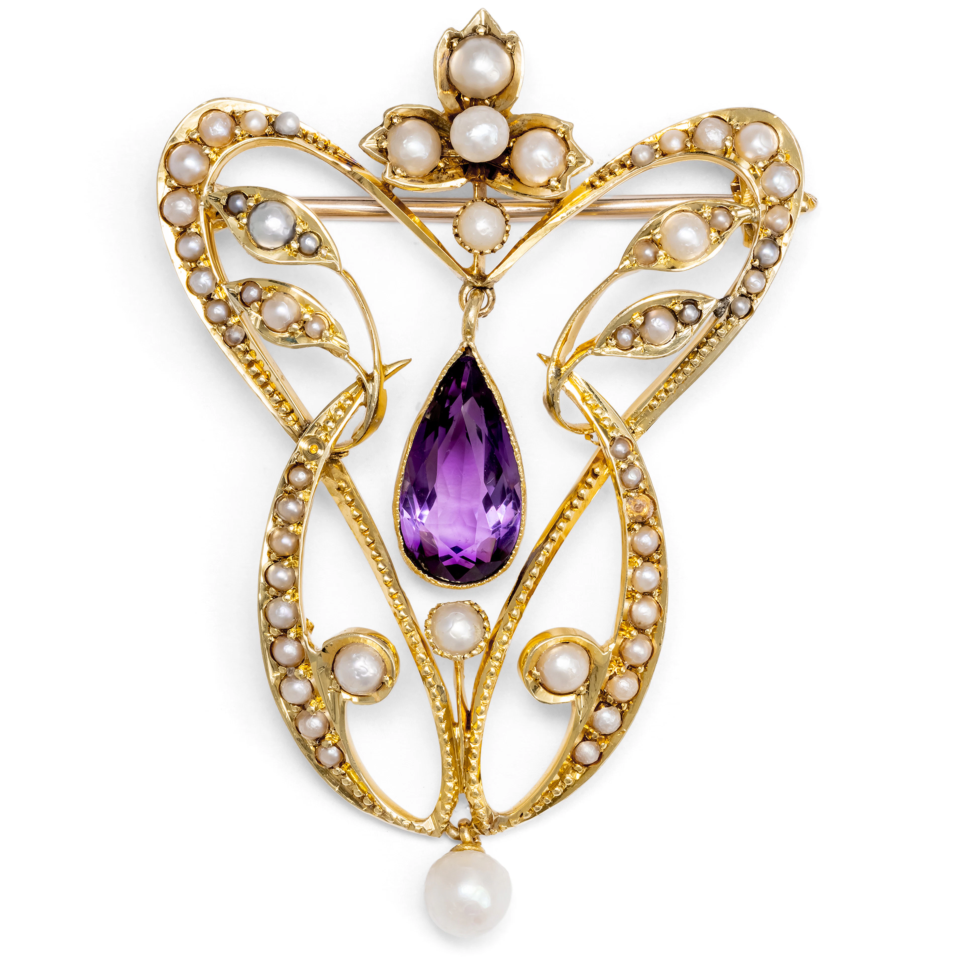 Antique Brooch with Amethyst and Pearls in Gold, Great Britain, c. 1905