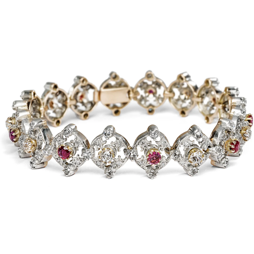 Elegant bracelet with rubies & diamonds in silver & gold, c. 1900