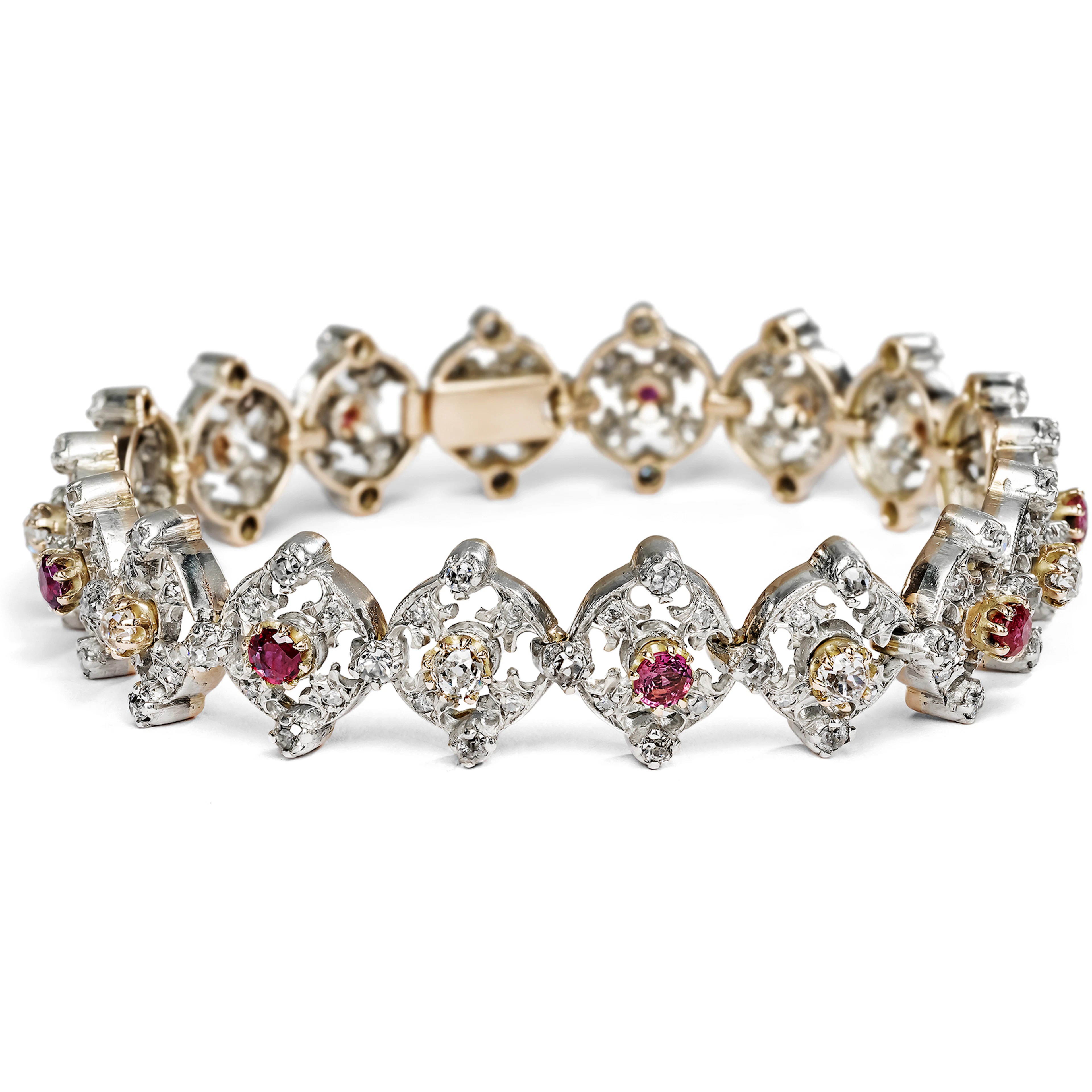 Elegant bracelet with rubies & diamonds in silver & gold, c. 1900
