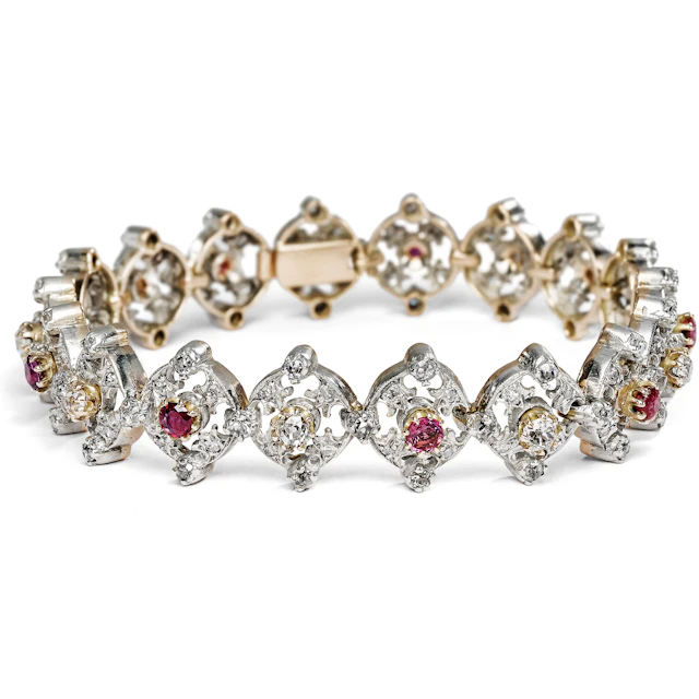 Elegant bracelet with rubies & diamonds in silver & gold, c. 1900