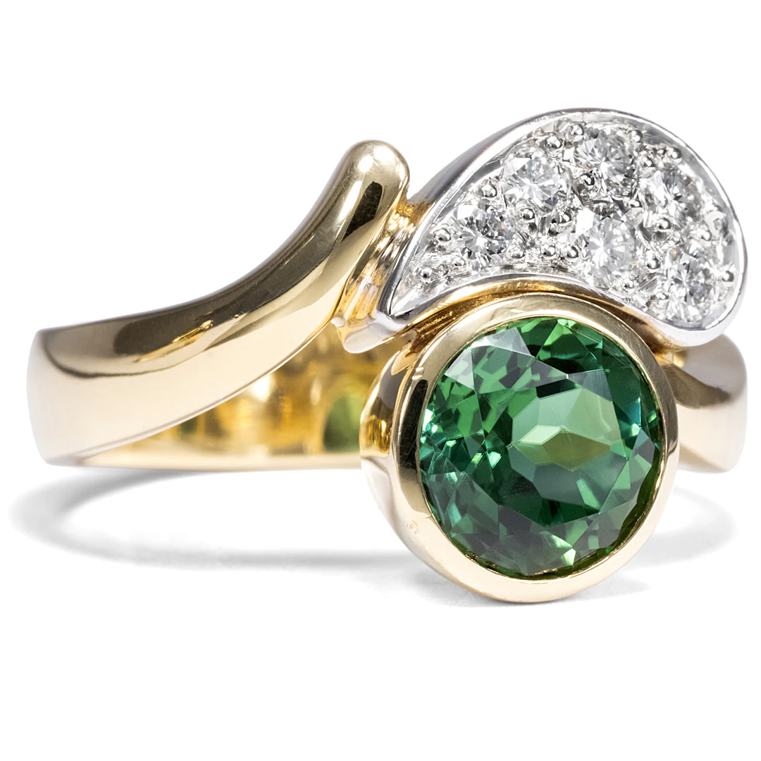 Hand Forged Gold Ring With Green Tourmaline & Diamonds, c. 1985