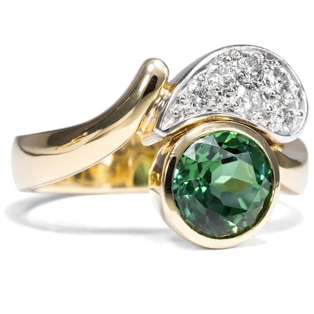 Hand Forged Gold Ring With Green Tourmaline & Diamonds, c. 1985