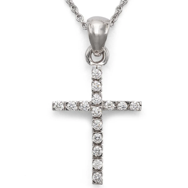 Delicate Diamond Cross Pendant in White Gold on a Chain from Our Workshop