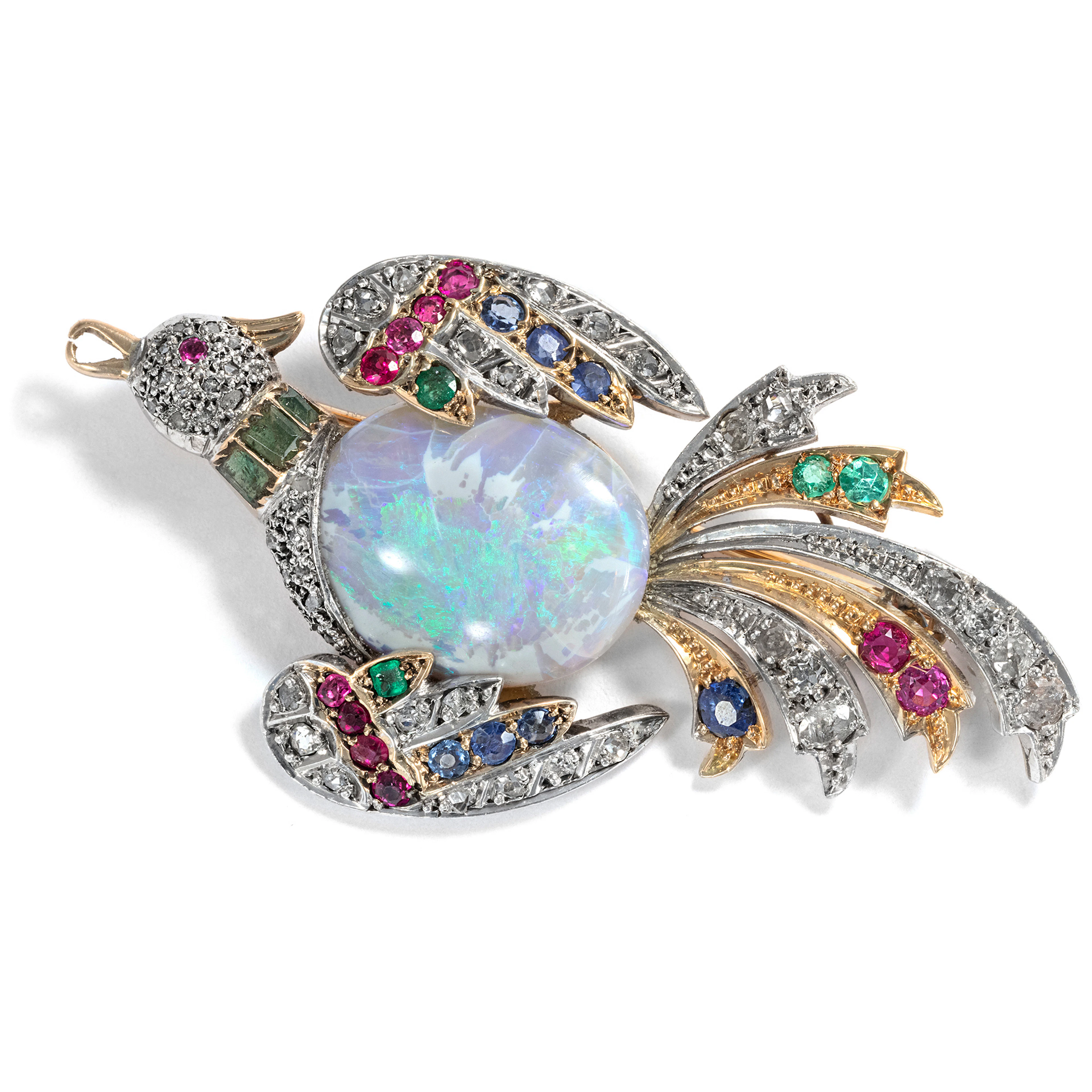 Large Vintage Brooch with Opal, Diamonds & Coloured Stones, c. 1955