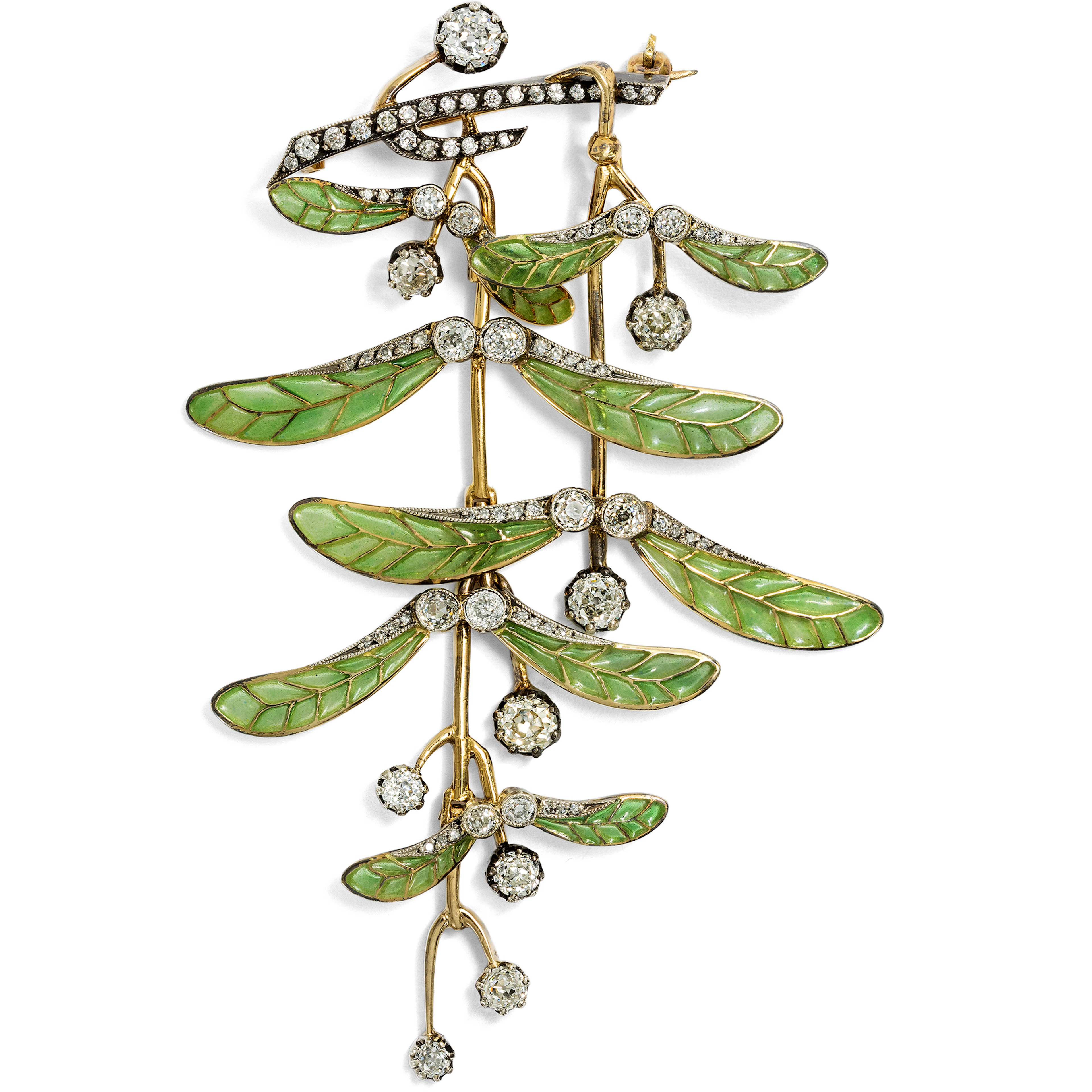 Fine Art-Nouveau-Inspired Brooch in Enamel and Diamonds, late 20th Century