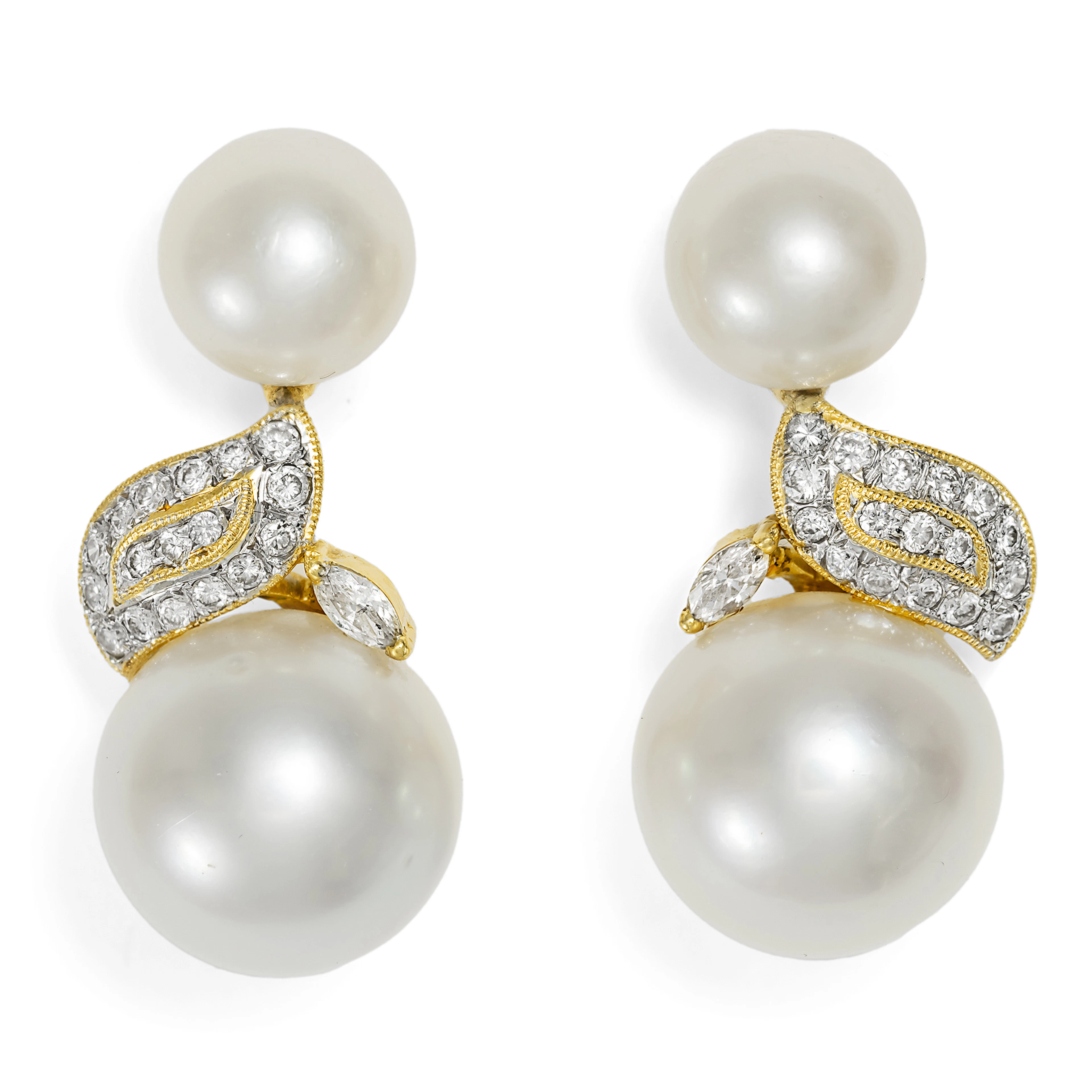 Contemporary South Sea Pearl and Diamond Earrings in Gold, c. 2000