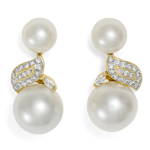 Contemporary South Sea Pearl and Diamond Earrings in Gold, c. 2000