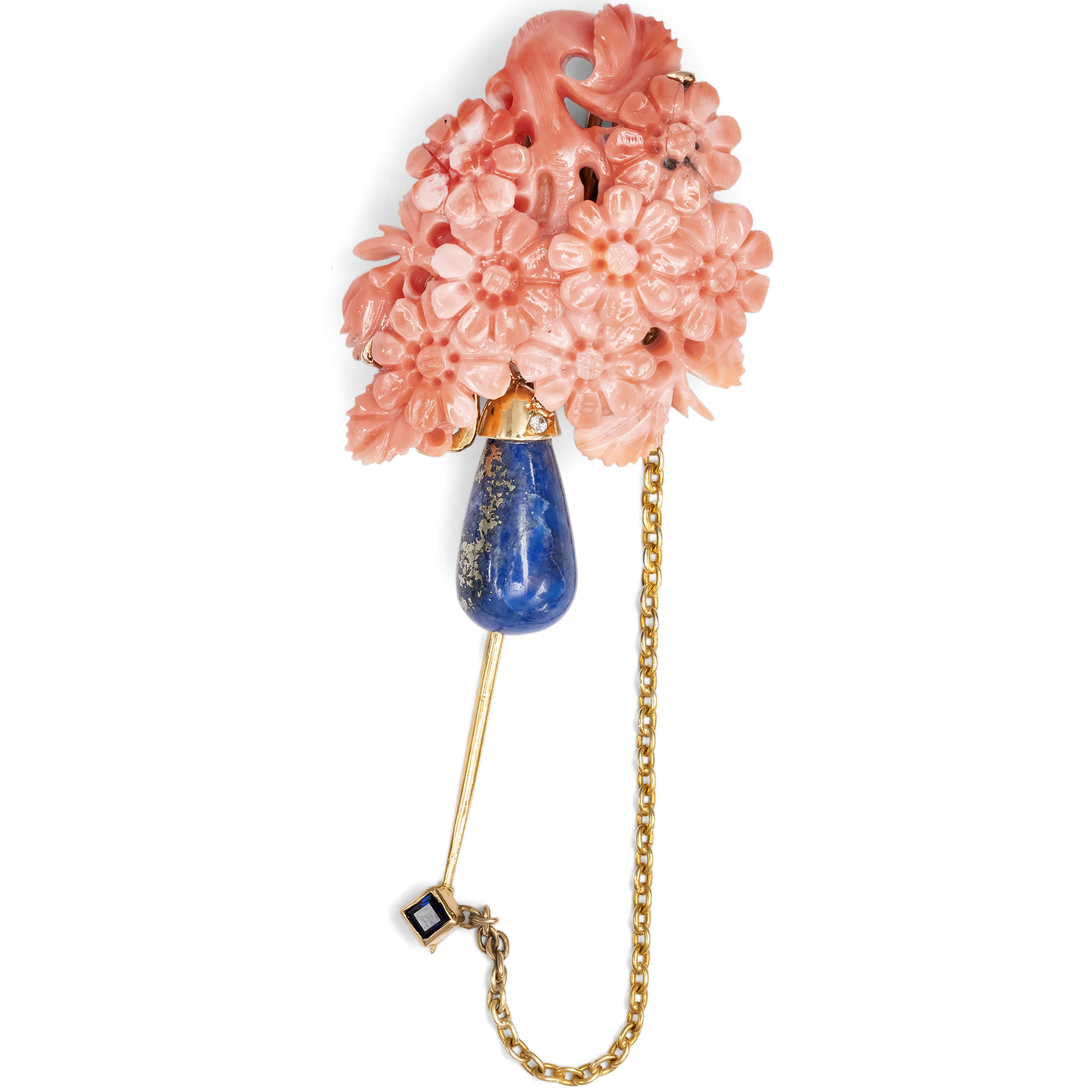 Unusual Jabot Brooch Made of Gold, Coral, Lapis Lazuli & Diamonds, c. 1980