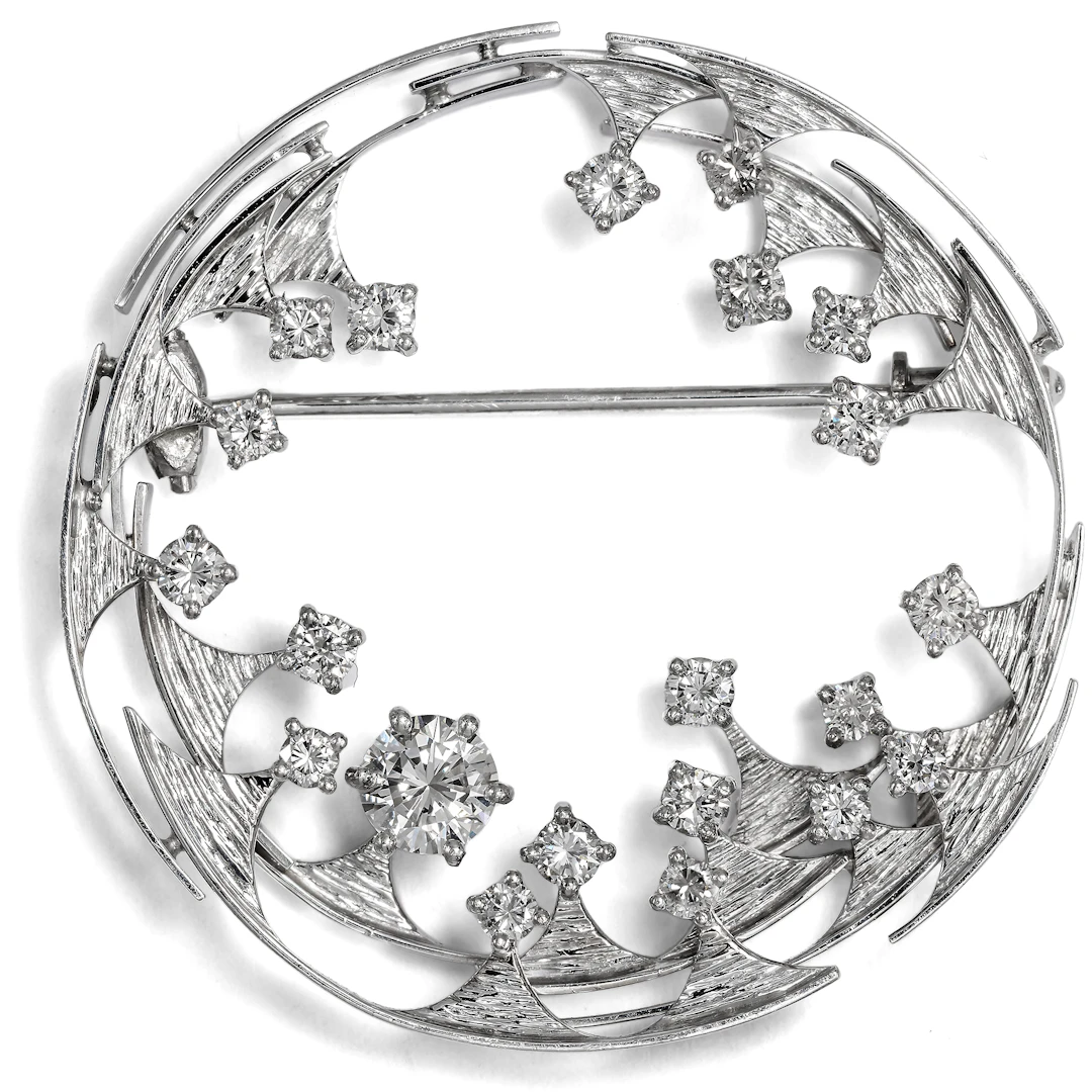 Modernist Vintage Brooch with Diamonds in White Gold, Berlin, c. 1970