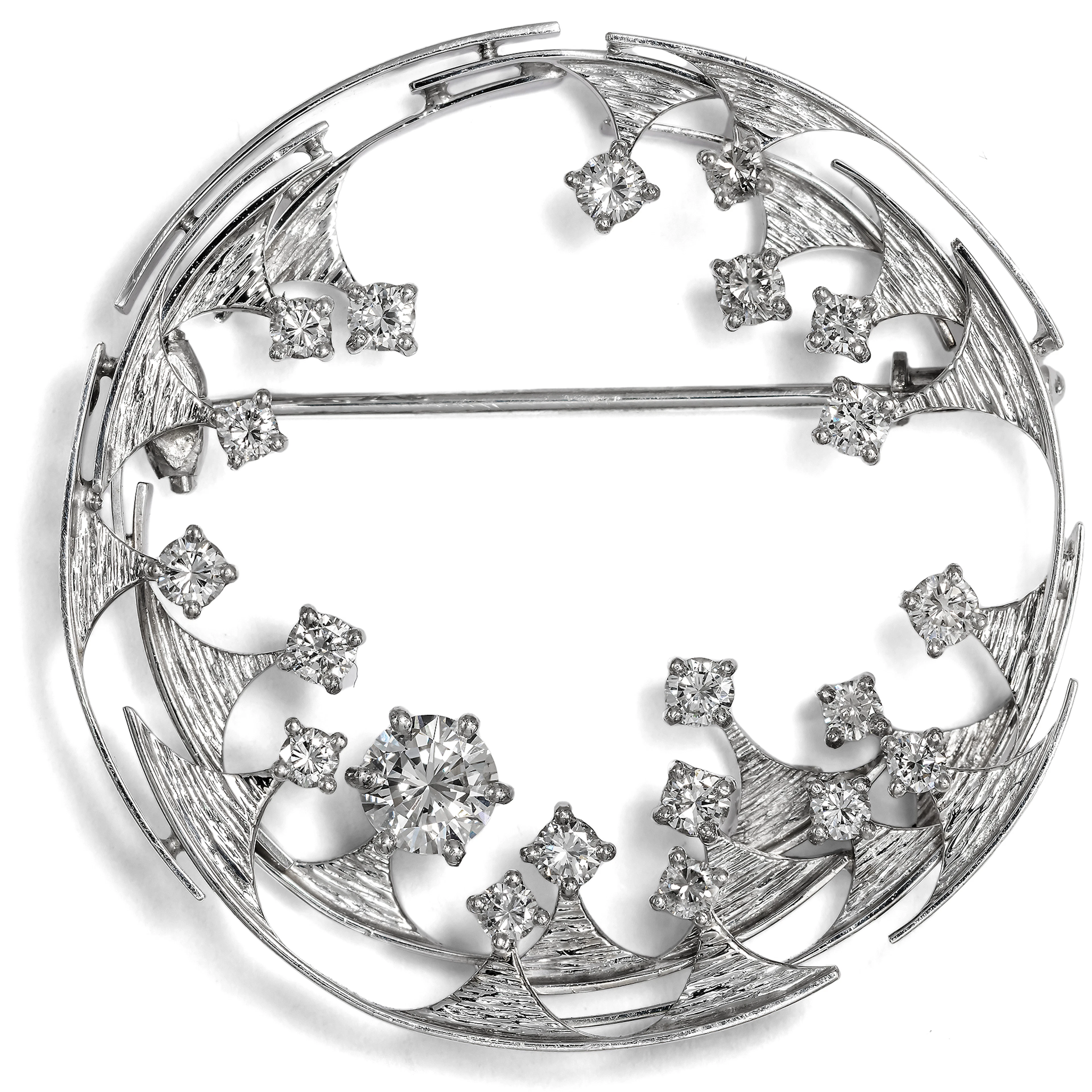Modernist Vintage Brooch with Diamonds in White Gold, Berlin, c. 1970