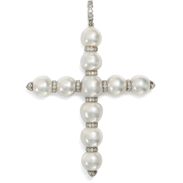 Vintage Cross Pendant of Large South Sea Pearls & 2.40 ct Diamonds, c. 1995