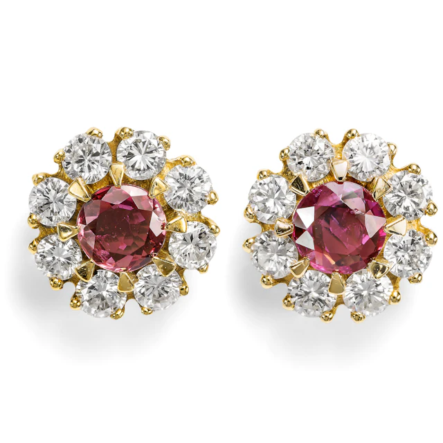 Luxurious Vintage Ear Studs with Ruby and Diamond Clusters, c. 1980s