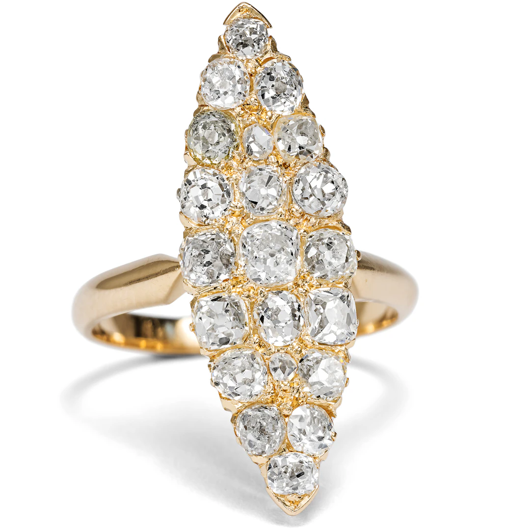 Large Antique Marquise Ring with 2.30 Old Cut Diamonds in Gold, c. 1890