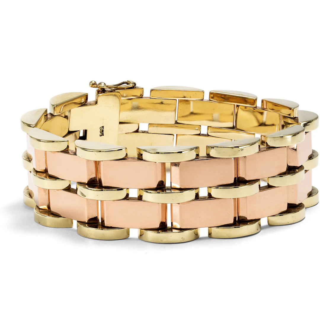 Wide Retro Style Bracelet in Rose Gold and Yellow Gold, c. 1950s