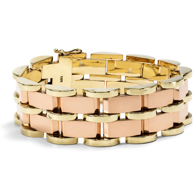 Tank Track • Breites vintage Armband aus Rotgold & Gelbgold im „Retro