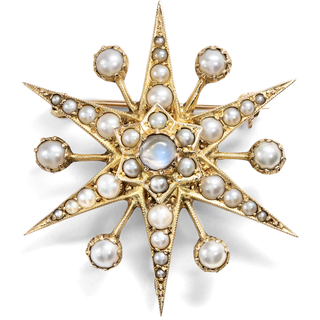 Vintage Star Brooch with Moonstone & Pearls in Gold, England c. 1985