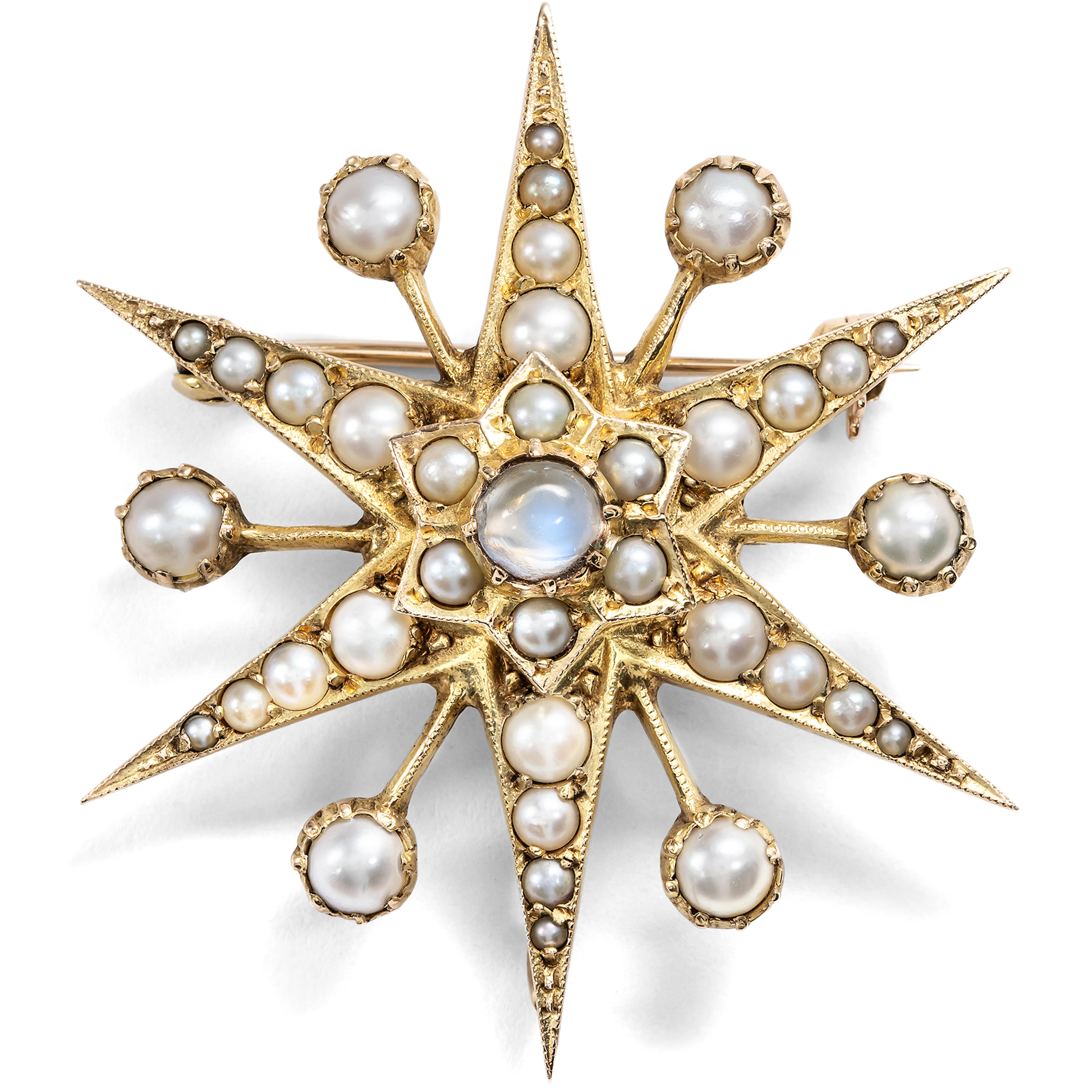 Vintage Star Brooch with Moonstone & Pearls in Gold, England c. 1985